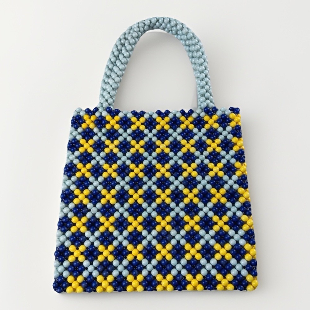 Y2K Beaded Festival Hand Bag‎ Blue Yellow MallCore Retro Acrylic Bead 2000s Geo